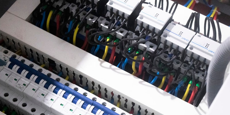 a bunch of wires are plugged into a switch box