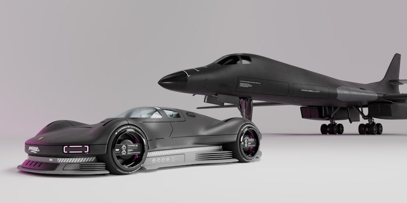 A dark sports car and bomber airplane