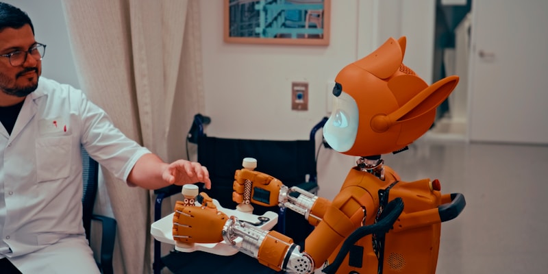 Man gives robot bottles on a tray